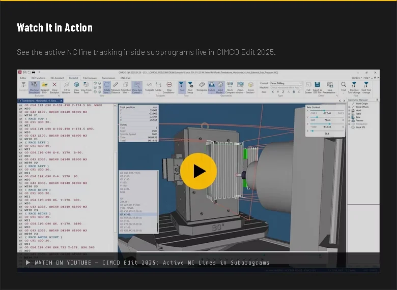 CIMCO subprogram simulation and code view