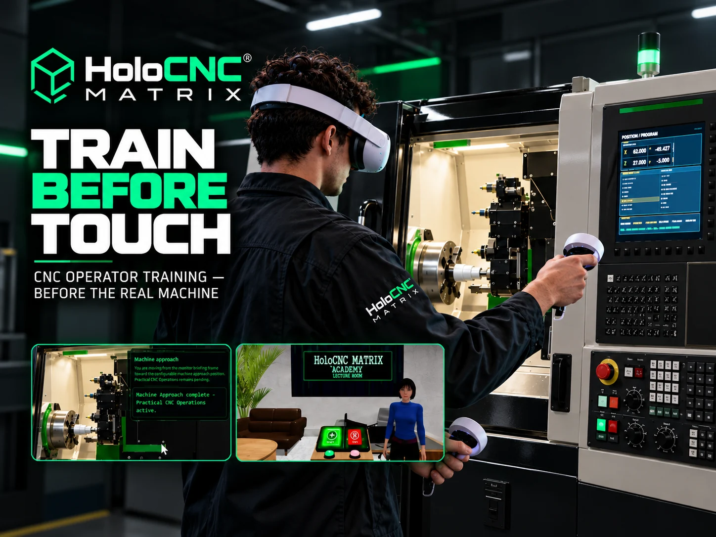 HoloCNC Matrix Train Before Touch — CNC operator using virtual reality controllers alongside a production lathe, with actual training environment previews
