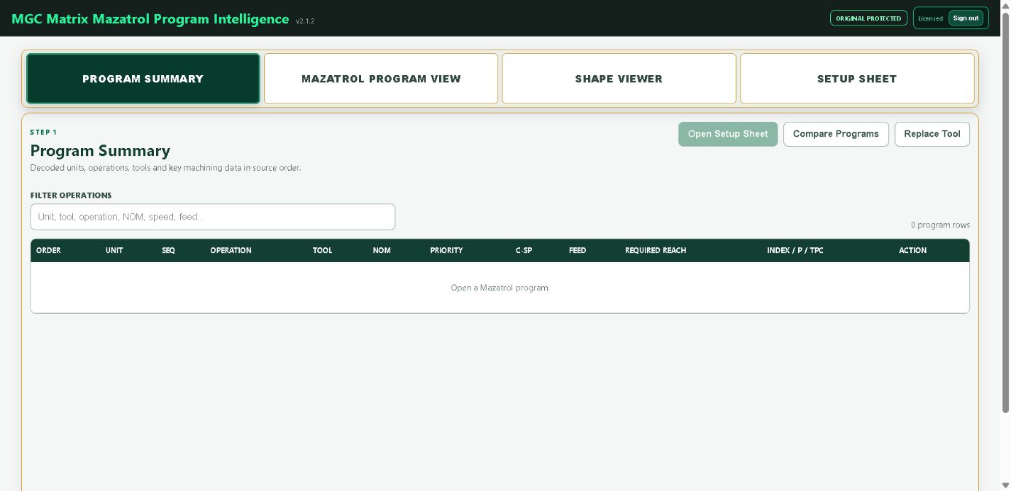 MGC Matrix Mazatrol Program Summary interface showing the product workflow and operation table