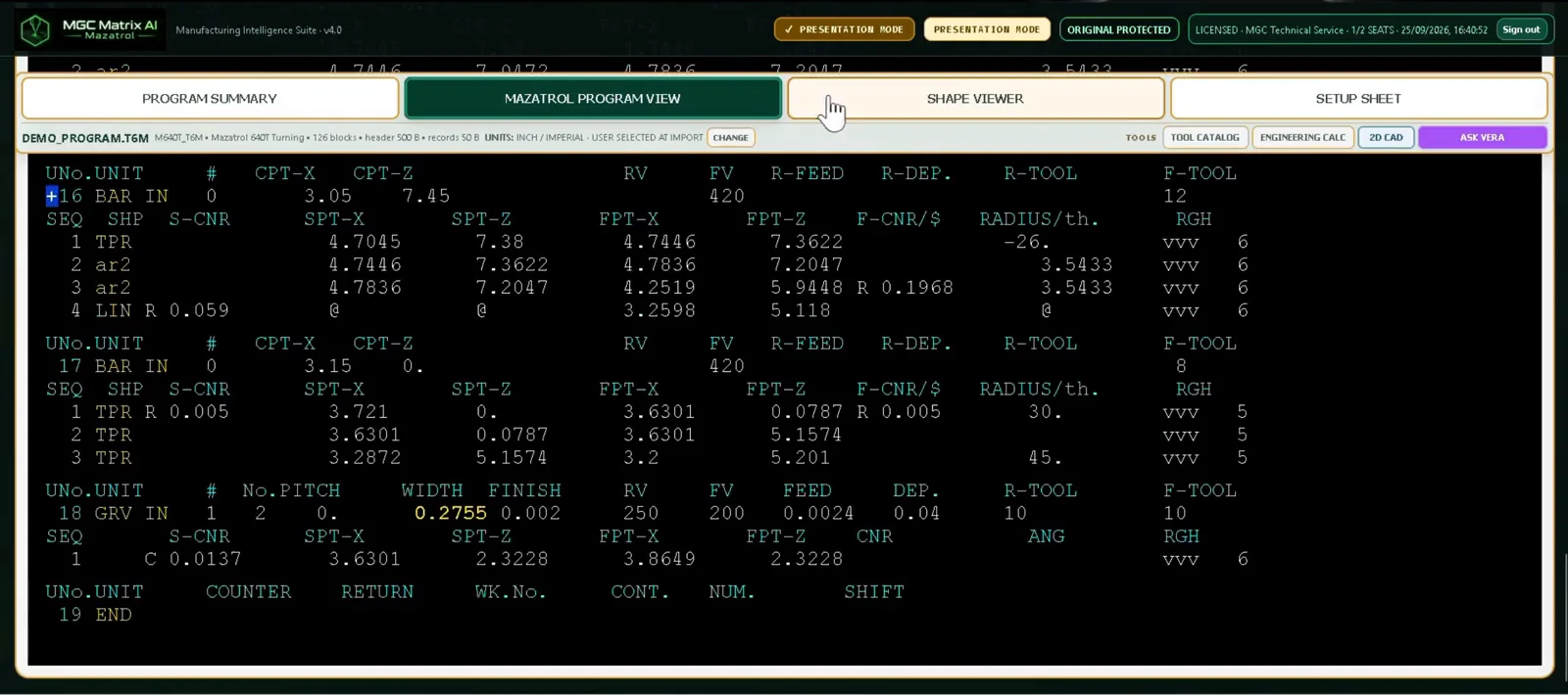 MGC Matrix AI displaying a real Mazatrol program in native structured Program View